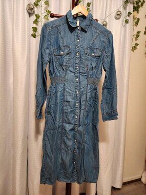 uncle frank denim dress Uncle Frank Denim Blue floral Embroidered Collared Dress pearl snap ~ Size  M